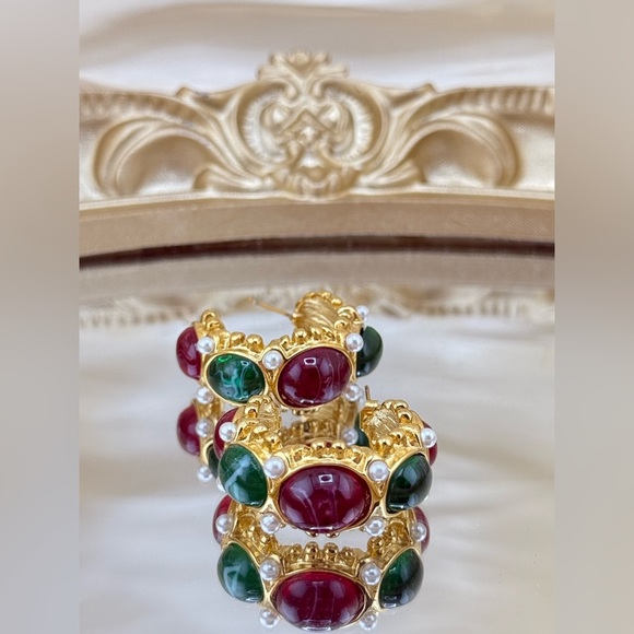 Gemstone Hoop Earrings PVD Gold Plated Stainless Steel with Pearls Natural Stone - Picture 13 of 14